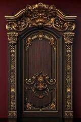 Ornate, golden-carved, wooden door, red interior background