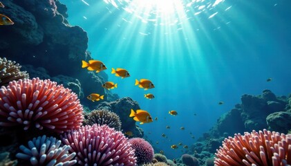 Obraz premium A school of fish swimming near a coral reef under the coral light , reef, coral