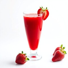 A single glass of strawberry juice, elegantly presented against a clean white background. Soft, diffused lighting