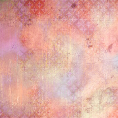 Fototapeta premium Abstract pastel vintage background blending pink, peach, lavender and cream with delicate damask pattern and distressed texture, ideal for wallpaper, stationery, textiles, invitation, artistic design.