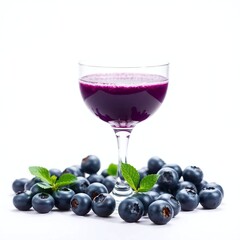A glass of blueberry juice, elegantly presented against a bright white background. Soft, diffused lighting casts subtle shadows, enhancing its refined appearance
