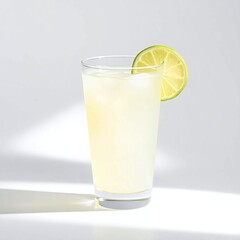 A single glass of lime juice, isolated on a white background. Soft, diffused light creates subtle shadows. The image is graceful and elegant, with refined features
