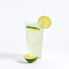 A single glass of lime juice, isolated on a white background. Soft, diffused light creates subtle shadows. The image is graceful and elegant, with refined features