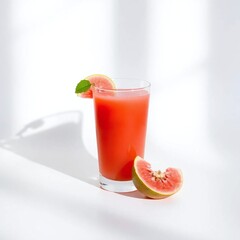 A single glass of guava juice, isolated against a white background. Soft lighting, diffused shadows, graceful and elegant aesthetic