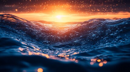 Underwater ocean waves at sunset, with sun shining through water surface and bubbles.