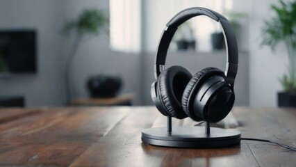 Modern Black Headphones on Stand in Minimalistic Living Room Setting with Blurred Background