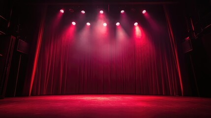 A moody theater stage with deep red curtain lighting and soft warm glow from vintage spotlights.