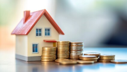 Miniature house atop stacks of coins.  A symbol of home buying and investment