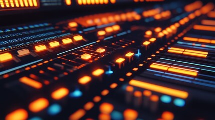 Obraz premium A music mixing console with illuminated sliders and glowing sound wave visuals.
