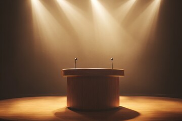 A wooden podium stands illuminated with microphones for speaking