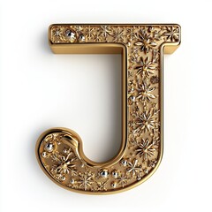 3D Christmas-themed letter "J" decorated with elegant golden Christmas patterns such as snowflakes, stars, and ornaments,