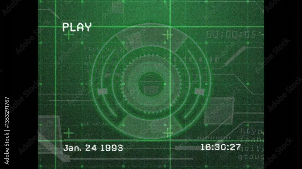 Poster animation of futuristic design with play text and date on green digital interface