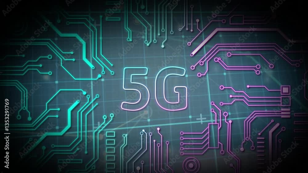 Poster glowing circuit patterns surrounding 5g text on dark animation background