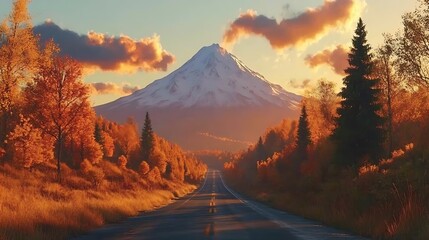 Scenic mountain landscape view with autumn foliage along the road at sunset, travel destination