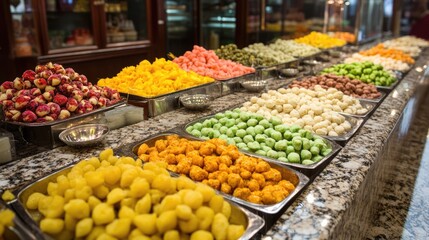 A marble countertop in a luxury paan shop, featuring trays of exotic paan variations with intricate toppings.