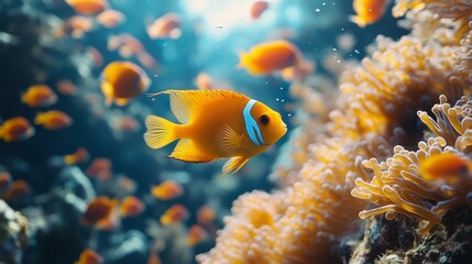Obraz premium Vibrant orange clownfish swimming amidst coral reef, sunlight filtering through water.