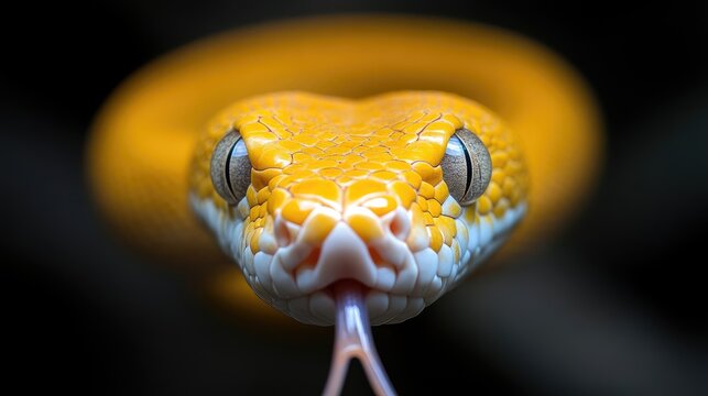 Close-up of a vibrant yellow snake.  Focus on head and scales.  Intriguing eye detail