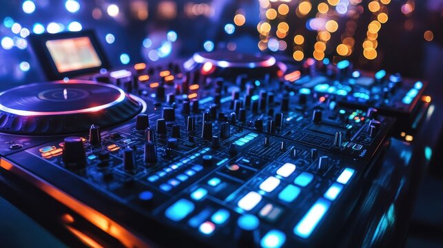 A sleek DJ setup with a mixer, turntables, and glowing LED lights.