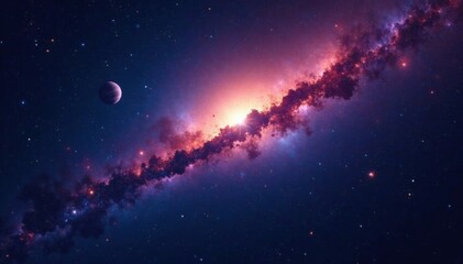Fototapeta premium Milky Way galaxy shining brightly in the dark vast space with numerous stars and planets, north star, jupiter, saturn