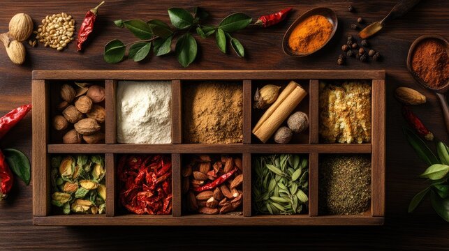 A rustic wooden box filled with traditional paan-making tools and ingredients.