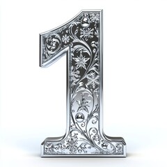 3D Christmas-themed number "1" decorated with elegant silver Christmas patterns such as snowflakes, stars, and ornaments,