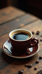 Rich espresso coffee cup sits atop worn wooden table with scattered beans and vintage charm , wood, beans