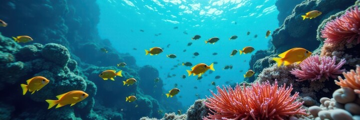 Fototapeta premium School of colorful fish swimming together in coral reef, reef, coral