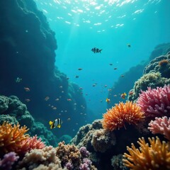 Naklejka premium School of fish swimming near coral reef with seaweed , seaweed, reef