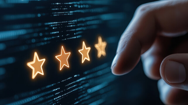 hand is reaching out to touch digital interface displaying four glowing stars, symbolizing customer reviews and ratings. background features matrix of data, enhancing tech savvy atmosphere
