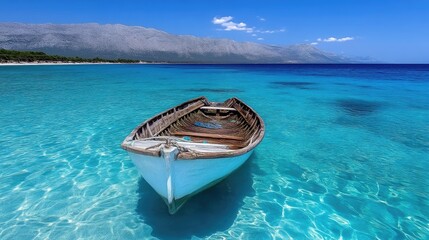 Naklejka premium Tranquil boat on pristine turquoise water, idyllic beach setting