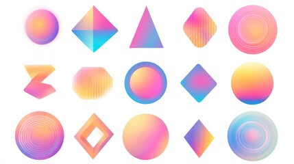 A vibrant collection of abstract geometric shapes in pastel colors, showcasing a blend of gradients and forms