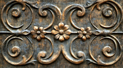 Decorative wrought iron detail with floral design and aged texture for architectural interest