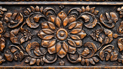 Ornate bronze floral pattern relief background with intricate carvings and textured details