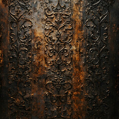 Ornate dark brown metallic wall with floral pattern, vintage texture and decorative design