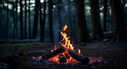 Campfire embers floating near dark forest treeline