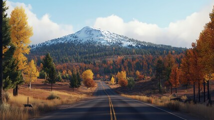Scenic mountain road in autumn landscape with vibrant foliage and snowy peak backdrop