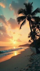 Fototapeta na wymiar Vintage toned film style photo of a palm tree-lined beach at dusk with soft focus and warm colors, soft focus, palm trees, vintage