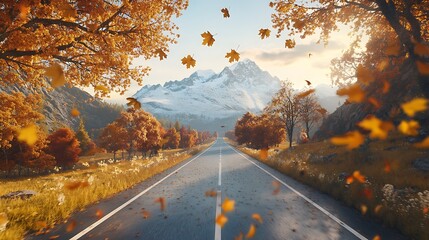 Scenic autumn road trip with falling leaves and snow-capped mountains in background