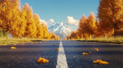 Autumn road trip scenic view with golden foliage and snow-capped mountain vista