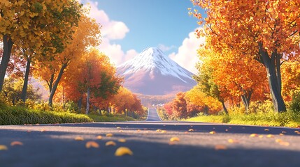 Autumn road to snow mountain landscape scenic view with vibrant foliage colors, travel destination