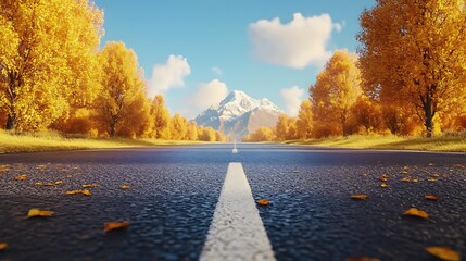 Autumn road trip scenic drive with colorful fall foliage and snow-capped mountain view