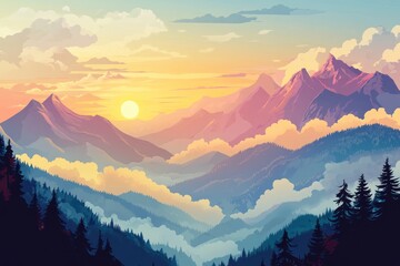 Colorful mountain landscape illustration depicts a sunrise over the valleys
