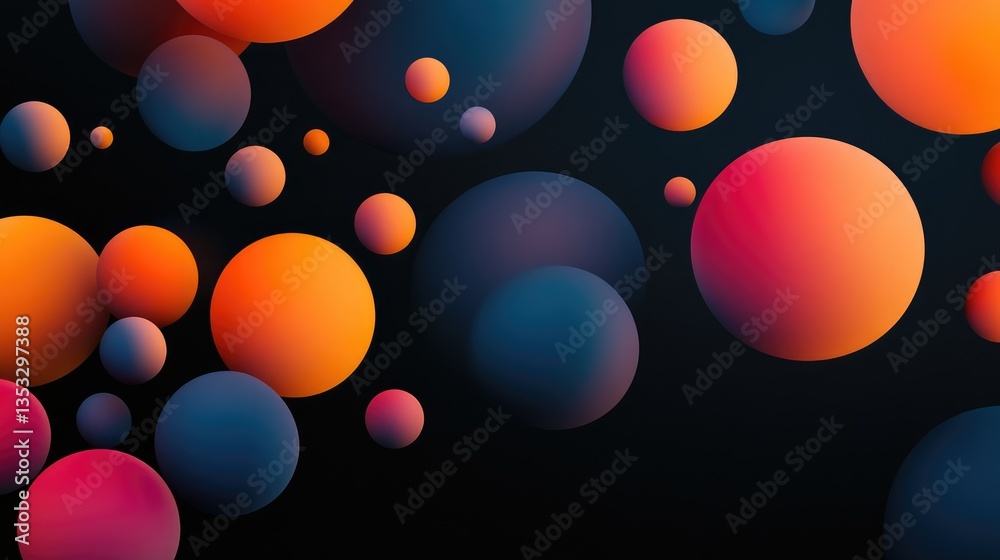 Poster vibrant abstract composition of colorful spheres floating against a dark background, creating a dyna
