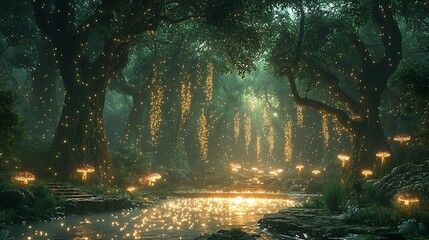 Magical Forest Path with Glowing Mushrooms and Lights High Resolution Picture