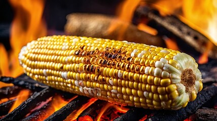 Grilled corn on the cob roasting over open flame — rustic barbecue food, traditional street snack, summer cooking, fire-roasted vegetable, and authentic outdoor cuisine