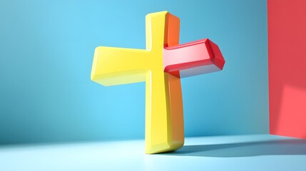 Obraz premium 3D Cross Shape Cartoon Vector Illustration - Abstract Geometric Design Element in Colorful Style