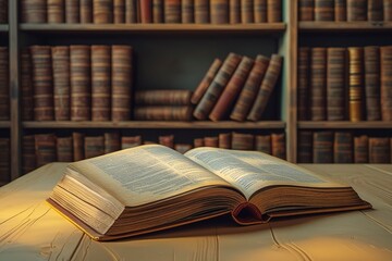 Naklejka premium A warm and inviting still life photograph of an opened book lying on a wooden table, surrounded by stacks of textbooks with worn leather bindings on a shelf in the background, evoking a sense of nosta