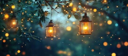 Outdoor lanterns glowing softly in a magical garden