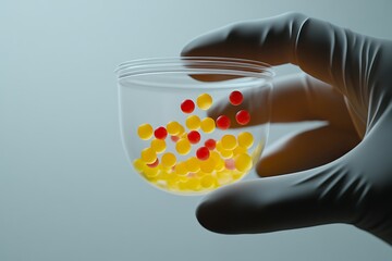 Hand in Glove Holding Container with Red and Yellow Pills for Medical Research and Development