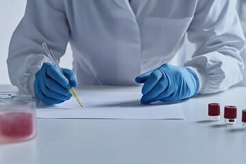 Scientist in lab coat writing notes with pipette. Chemical research and development concept